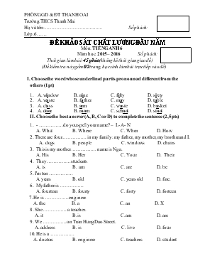 Đề khảo sát chất lượng đầu năm môn Tiếng anh 6 năm học 2015  2016